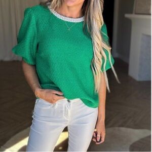 Pearl trim green tweed top